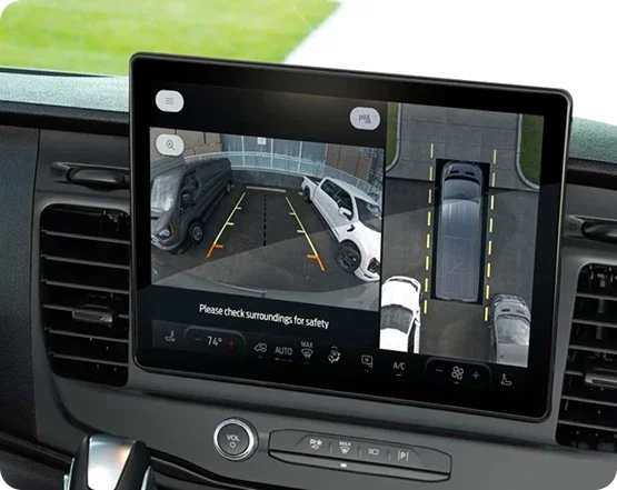 SYNC 4 touchscreen in a Ford Transit showing the reversing camera view