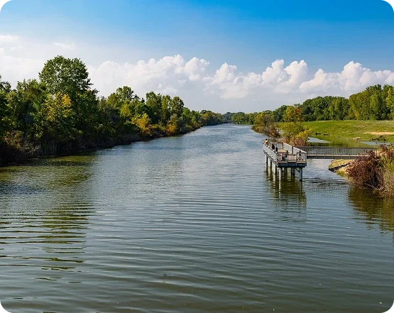 The Clinton River with a fishing pier along its bank