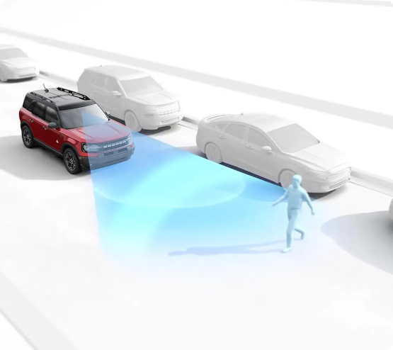 Illustration of Pre-Collision Assist on a Ford Bronco Sport detecting a pedestrian stepping out between parked cars